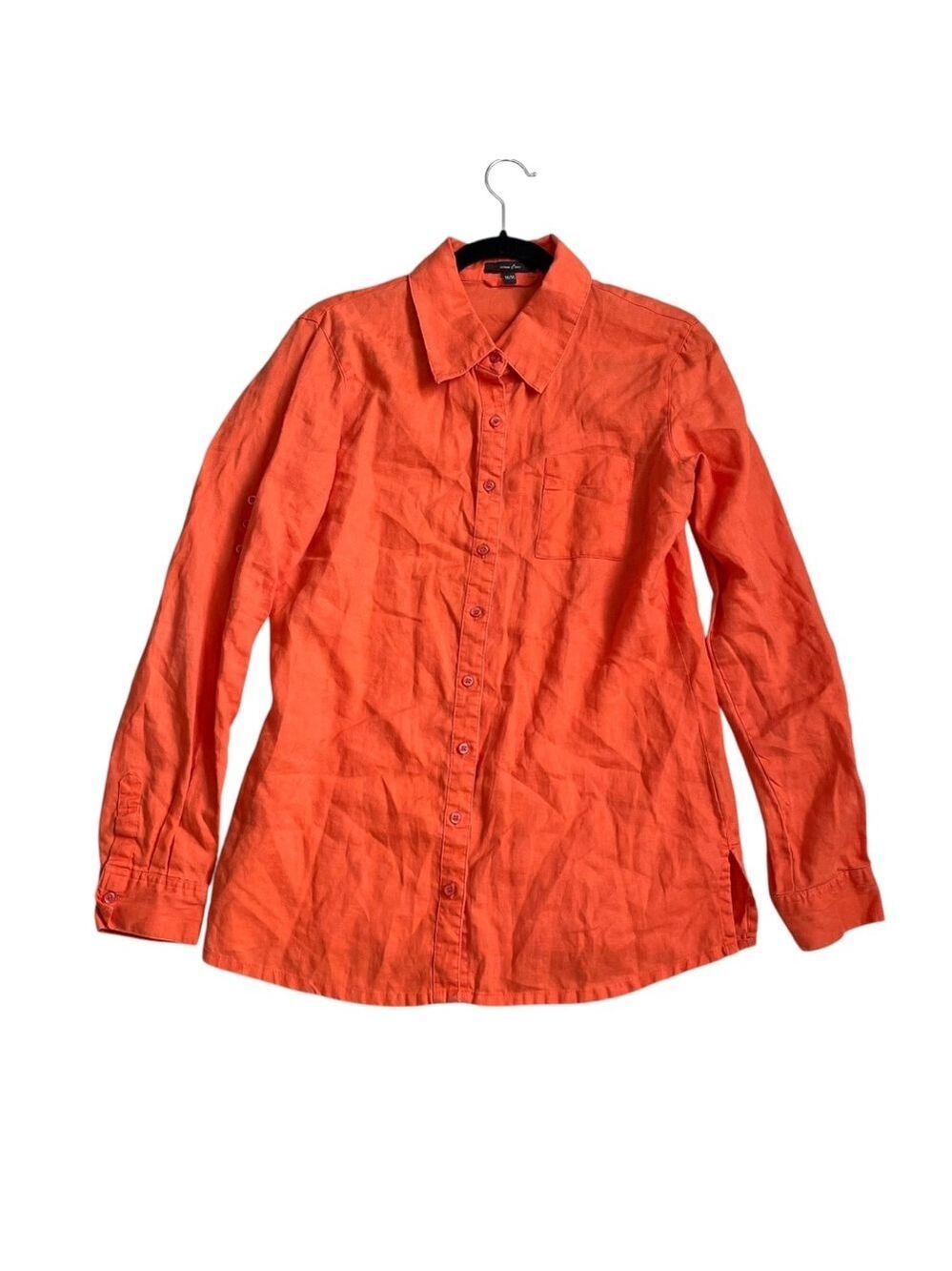 COTTON GINNY Linen Button Front Long Sleeve Blouse Orange M